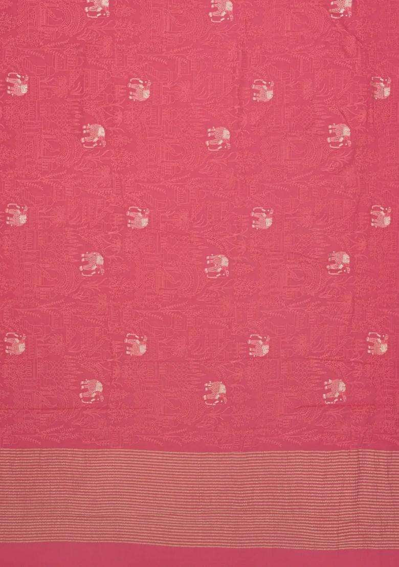 Peach Woven Mysore Silk Crepe Saree With Embroidered Animal Motifs For Women - Indya