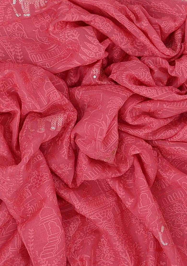Peach Woven Mysore Silk Crepe Saree With Embroidered Animal Motifs For Women - Indya