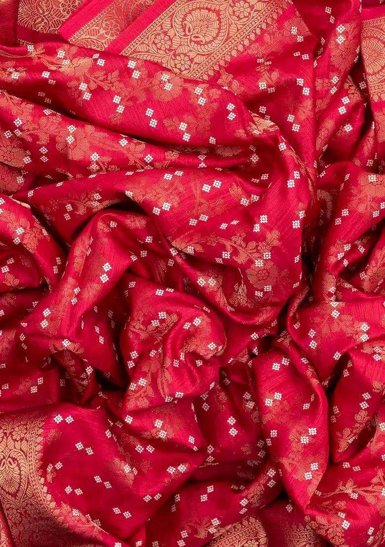 Red Woven Synthetic Dola Silk Saree With Floral Motifs With Buttas And Brocade Design For Women - Indya