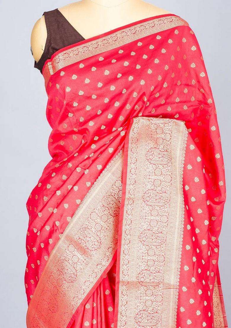 Peach Woven Art Tussar Silk Saree With Floral Motifs With Buttas And Brocade Design For Women - Indya