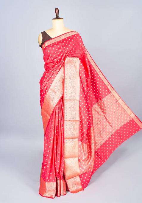 Peach Woven Art Tussar Silk Saree With Floral Motifs With Buttas And Brocade Design For Women