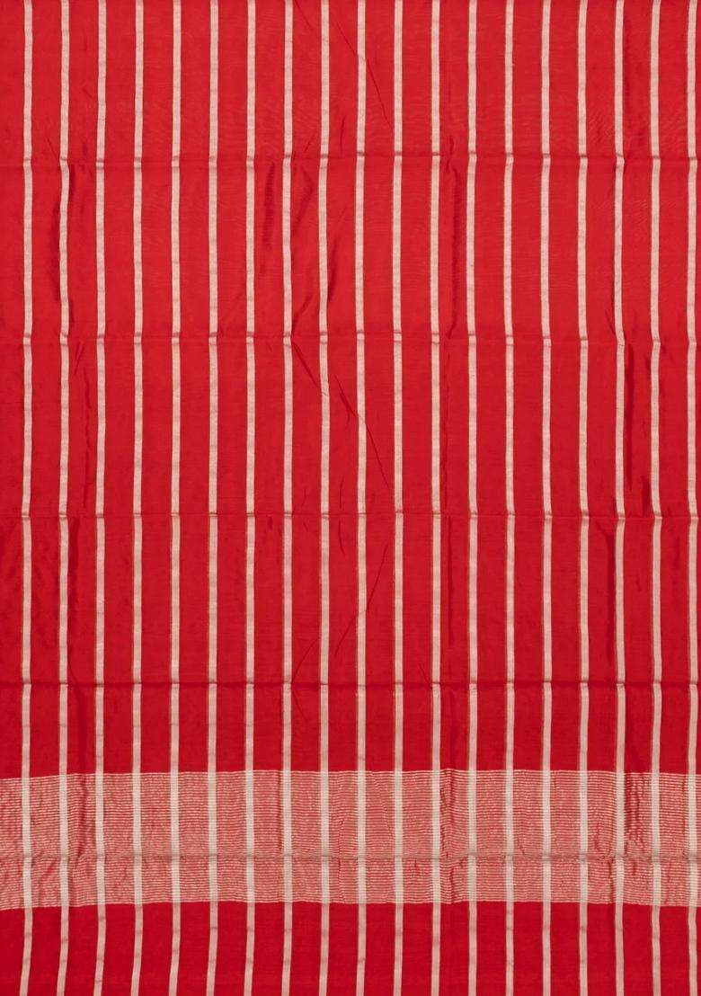 Red Handloom Chanderi Silk Cotton Tissue Saree With Zari Stripes With Checks And Stripes Design For Women - Indya