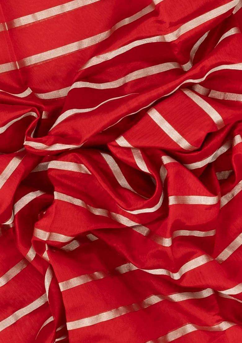 Red Handloom Chanderi Silk Cotton Tissue Saree With Zari Stripes With Checks And Stripes Design For Women - Indya