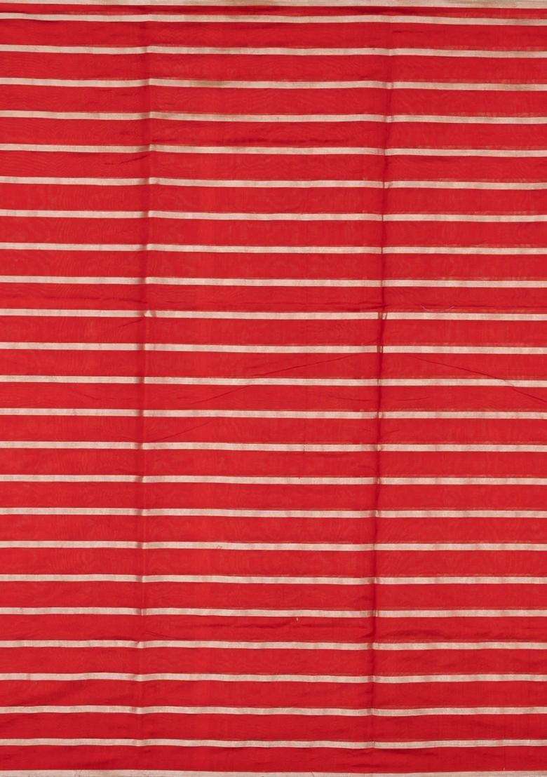 Red Handloom Chanderi Silk Cotton Tissue Saree With Zari Stripes With Checks And Stripes Design For Women - Indya