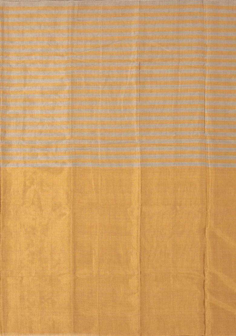 Grey Gold Handloom Chanderi Half Half Tissue Cotton Saree With Checks And Stripes Design For Women - Indya