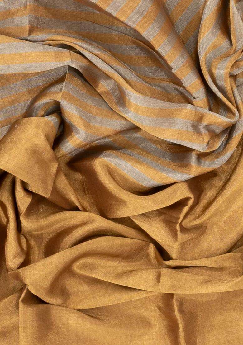 Grey Gold Handloom Chanderi Half Half Tissue Cotton Saree With Checks And Stripes Design For Women - Indya