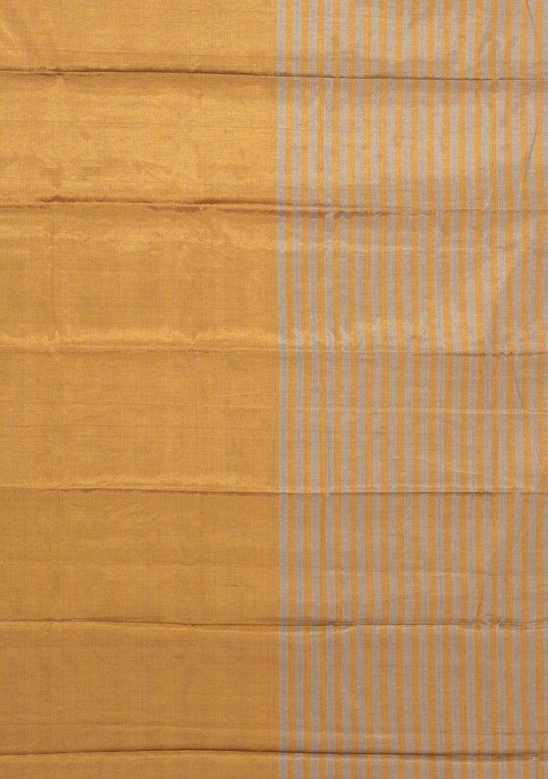 Grey Gold Handloom Chanderi Half Half Tissue Cotton Saree With Checks And Stripes Design For Women - Indya