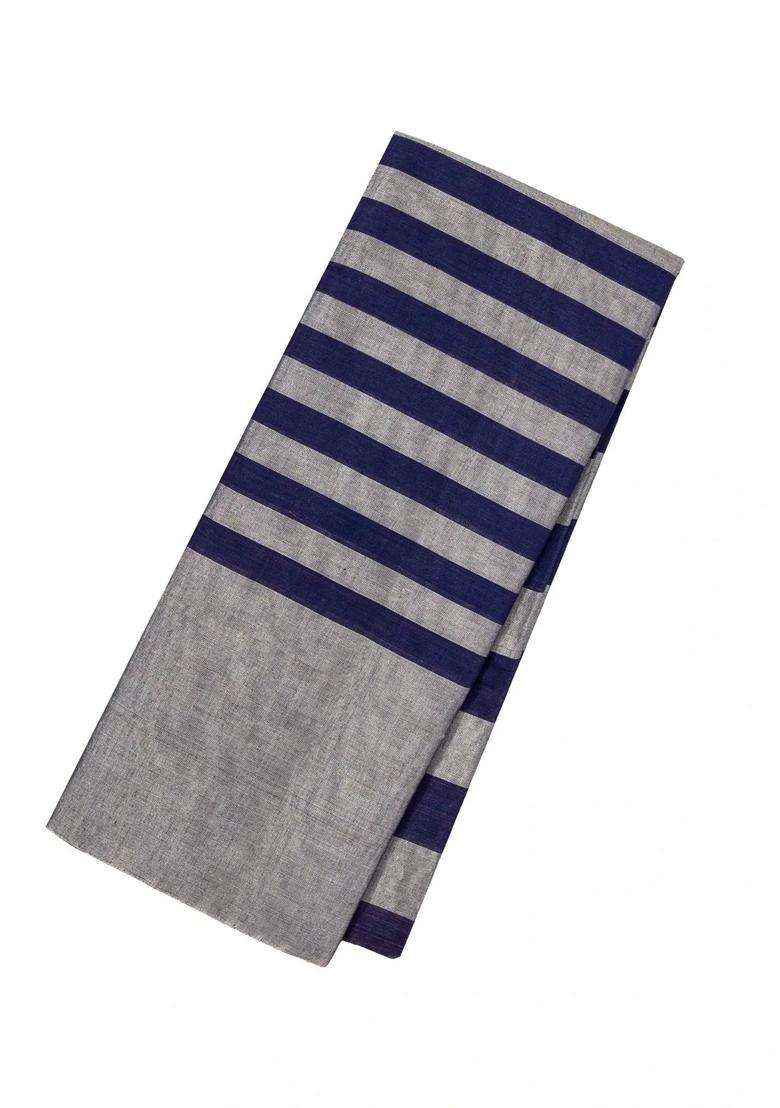 Grey Handloom Chanderi Cotton Tissue Saree With Navy Blue Stripes With Checks And Stripes Design For Women - Indya