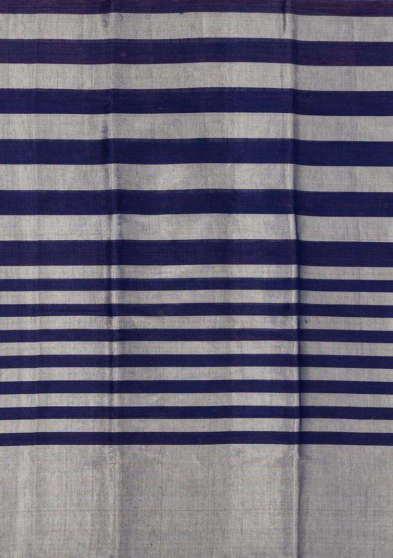 Grey Handloom Chanderi Cotton Tissue Saree With Navy Blue Stripes With Checks And Stripes Design For Women - Indya