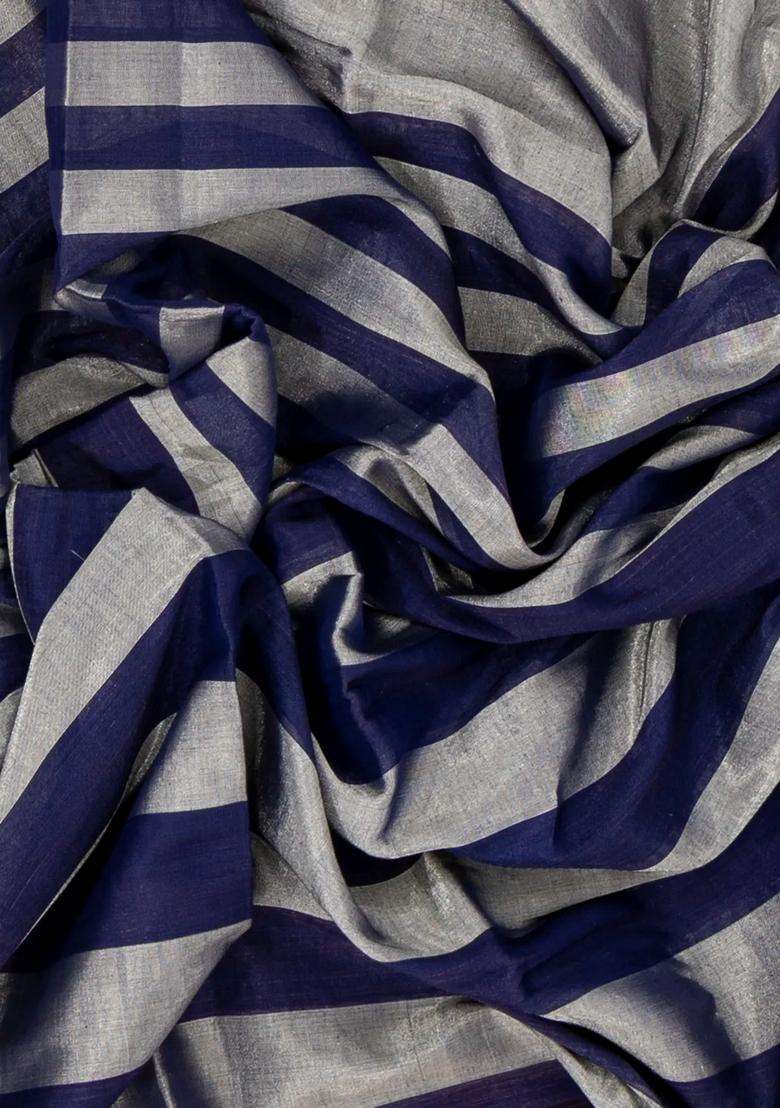 Grey Handloom Chanderi Cotton Tissue Saree With Navy Blue Stripes With Checks And Stripes Design For Women - Indya