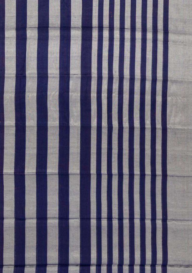Grey Handloom Chanderi Cotton Tissue Saree With Navy Blue Stripes With Checks And Stripes Design For Women - Indya