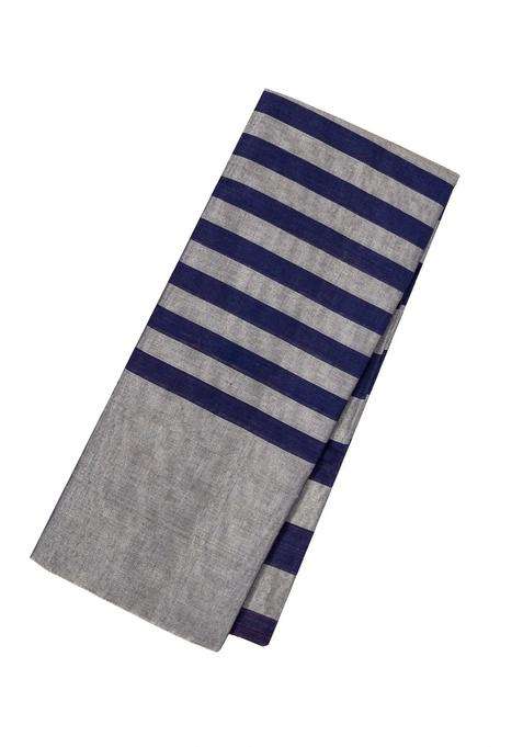 Grey Handloom Chanderi Cotton Tissue Saree With Navy Blue Stripes With Checks And Stripes Design For Women