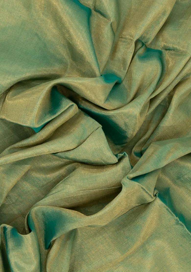 Green Handloom Plain Chanderi Cotton Tissue Saree With Traditional Woven Design For Women - Indya