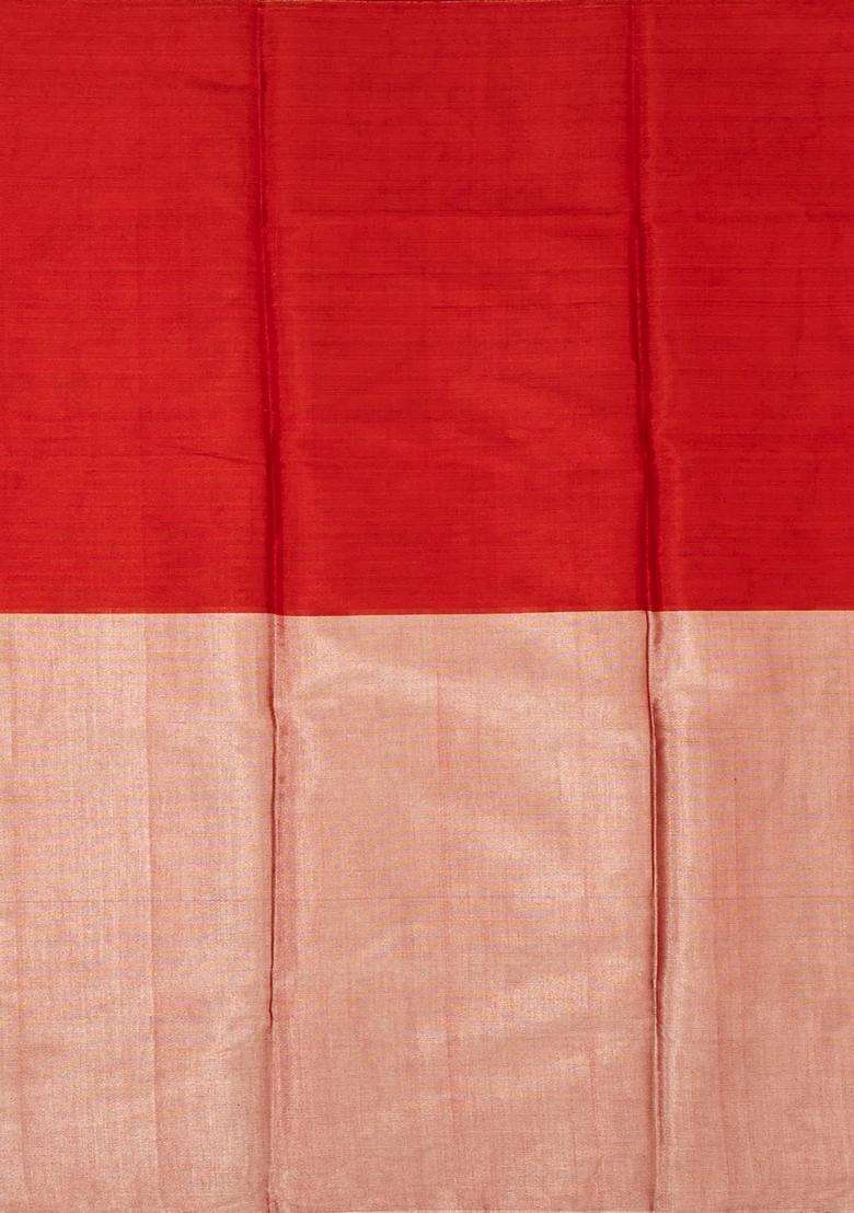 Red Handloom Half Half Chanderi Cotton Tissue Saree With Traditional Woven Design For Women - Indya
