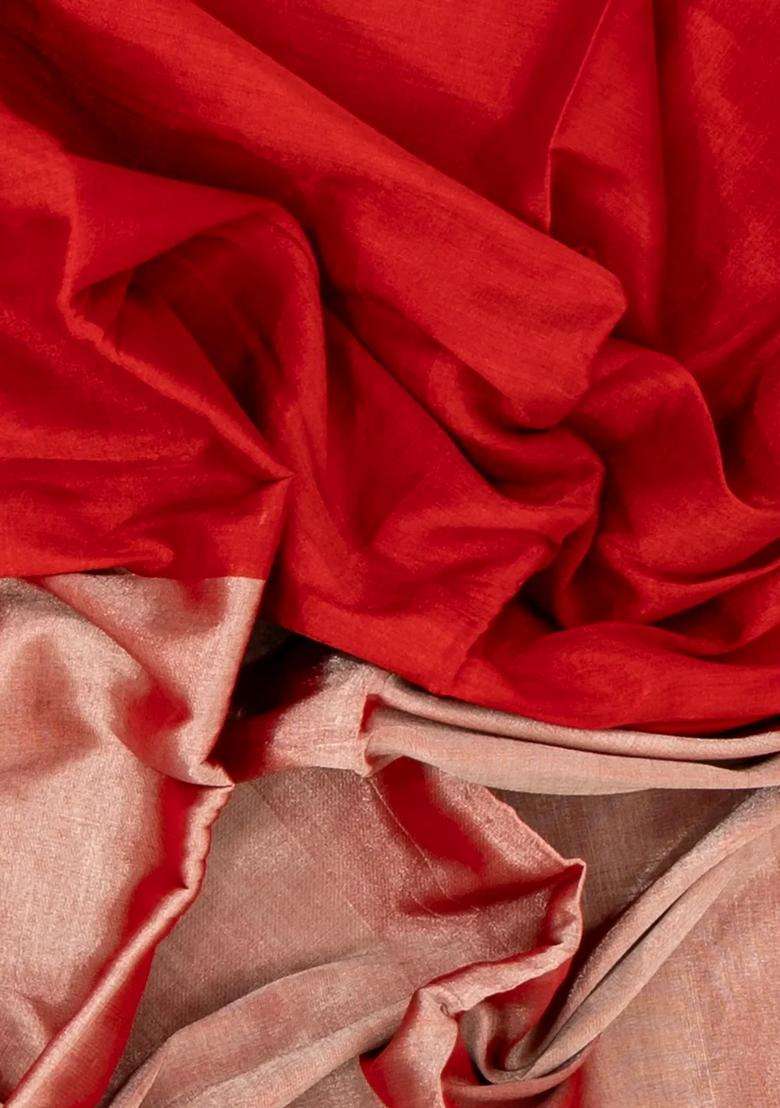 Red Handloom Half Half Chanderi Cotton Tissue Saree With Traditional Woven Design For Women - Indya