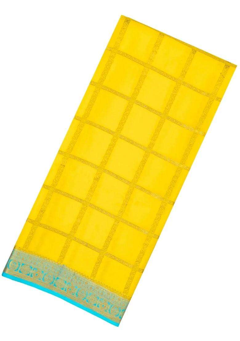 Mustard Woven Mysore Crepe 9 Yards Silk Saree With Pure Zari Checks Contrast Border With Checks And Stripes Design For Women - Indya