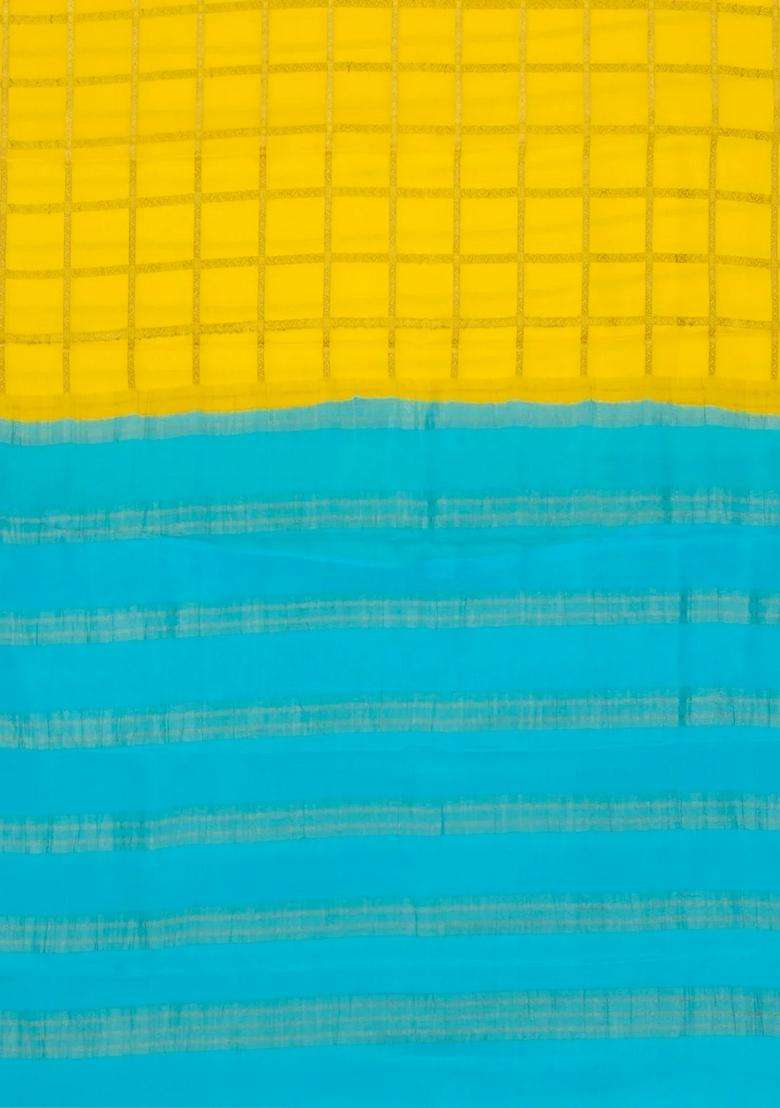 Mustard Woven Mysore Crepe 9 Yards Silk Saree With Pure Zari Checks Contrast Border With Checks And Stripes Design For Women - Indya
