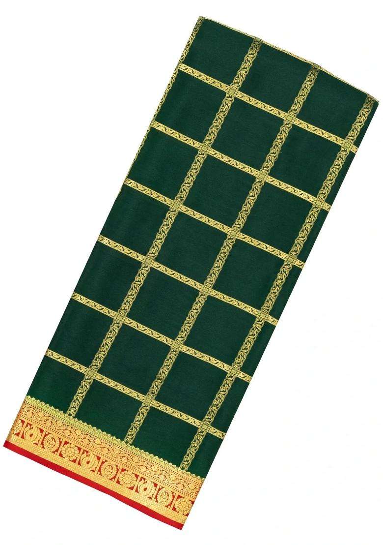 Bottle Green Woven Mysore Crepe 9 Yards Silk Saree With Pure Zari Checks Contrast Border With Checks And Stripes Design For Women - Indya