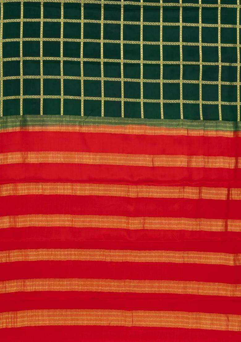 Bottle Green Woven Mysore Crepe 9 Yards Silk Saree With Pure Zari Checks Contrast Border With Checks And Stripes Design For Women - Indya