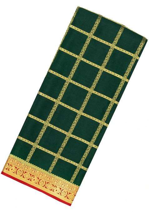 Bottle Green Woven Mysore Crepe 9 Yards Silk Saree With Pure Zari Checks Contrast Border With Checks And Stripes Design For Women