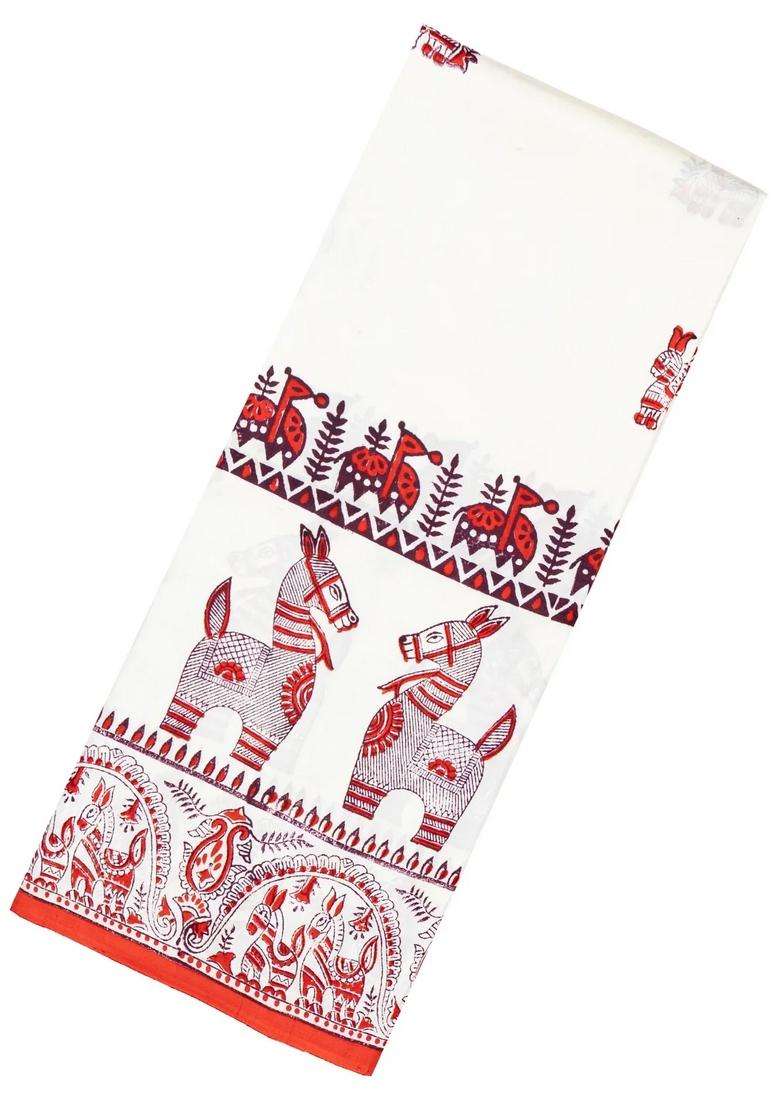 White Woven Silk Saree With Printed Horse Motifs For Women - Indya