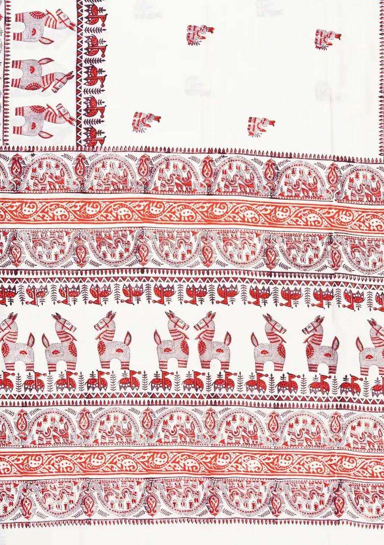 White Woven Silk Saree With Printed Horse Motifs For Women - Indya