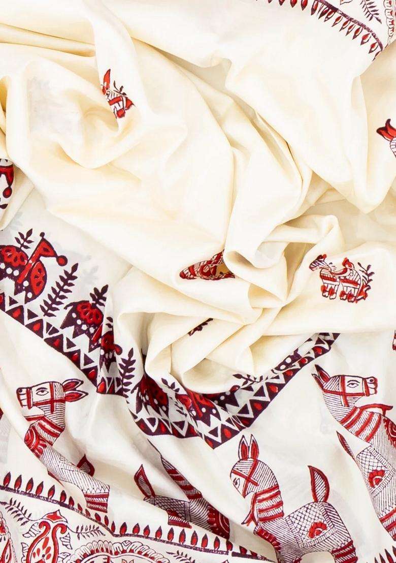 White Woven Silk Saree With Printed Horse Motifs For Women - Indya