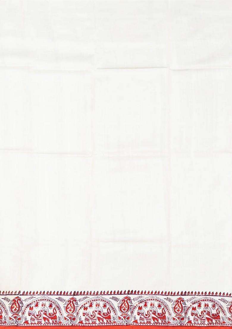 White Woven Silk Saree With Printed Horse Motifs For Women - Indya