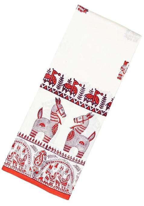 White Woven Silk Saree With Printed Horse Motifs For Women