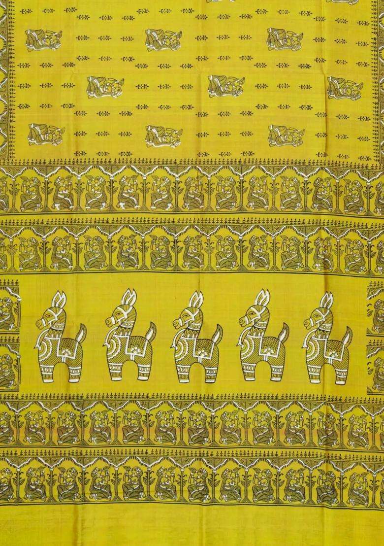Mustard Woven Silk Saree With Printed Horse Motifs For Women - Indya