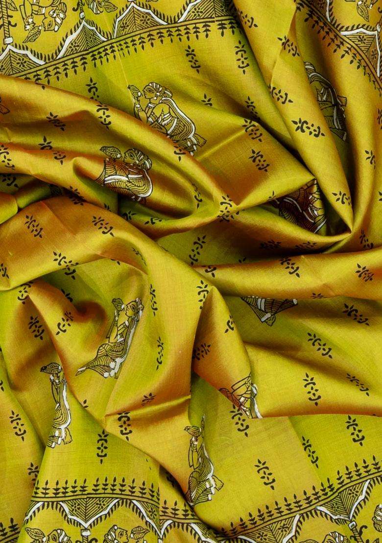 Mustard Woven Silk Saree With Printed Horse Motifs For Women - Indya