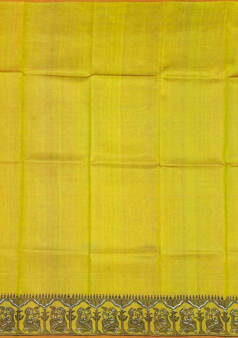 Mustard Woven Silk Saree With Printed Horse Motifs For Women - Indya