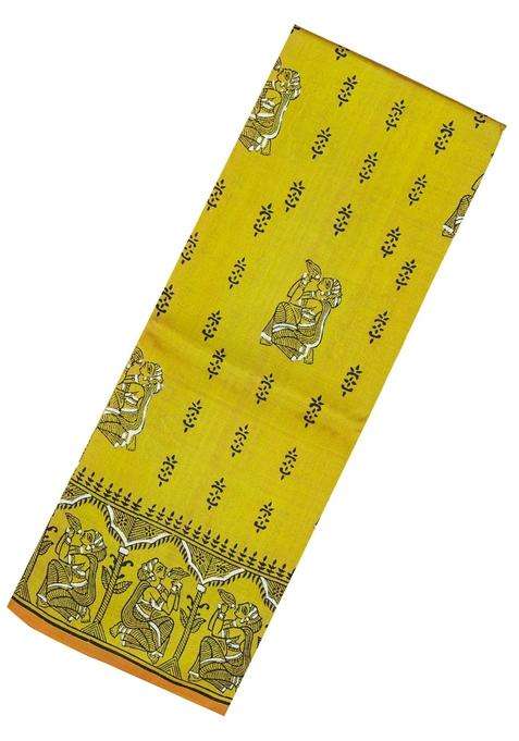 Mustard Woven Silk Saree With Printed Horse Motifs For Women