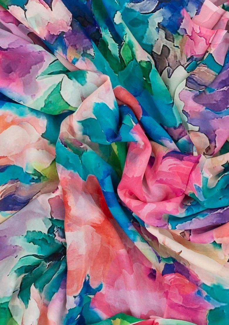 Multi Colour Woven Georgette Silk Saree With Printed Abstract Motifs For Women - Indya