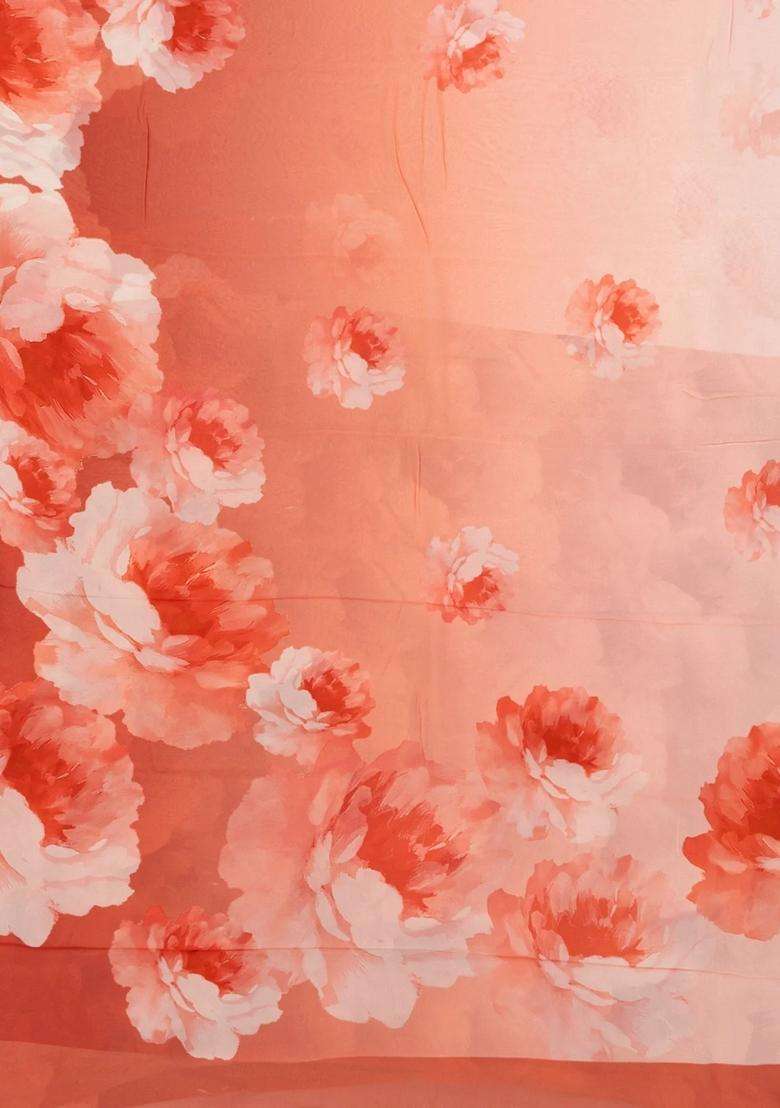 Peach Woven Georgette Silk Saree With Printed Floral Motifs For Women - Indya