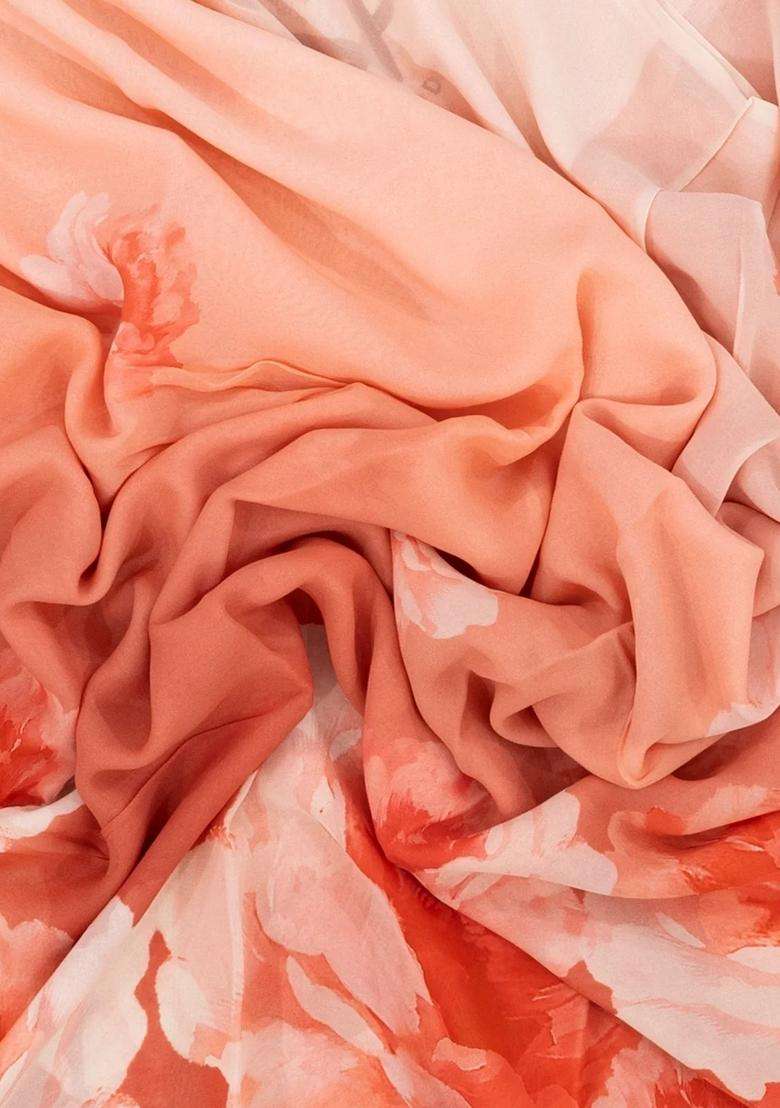 Peach Woven Georgette Silk Saree With Printed Floral Motifs For Women - Indya