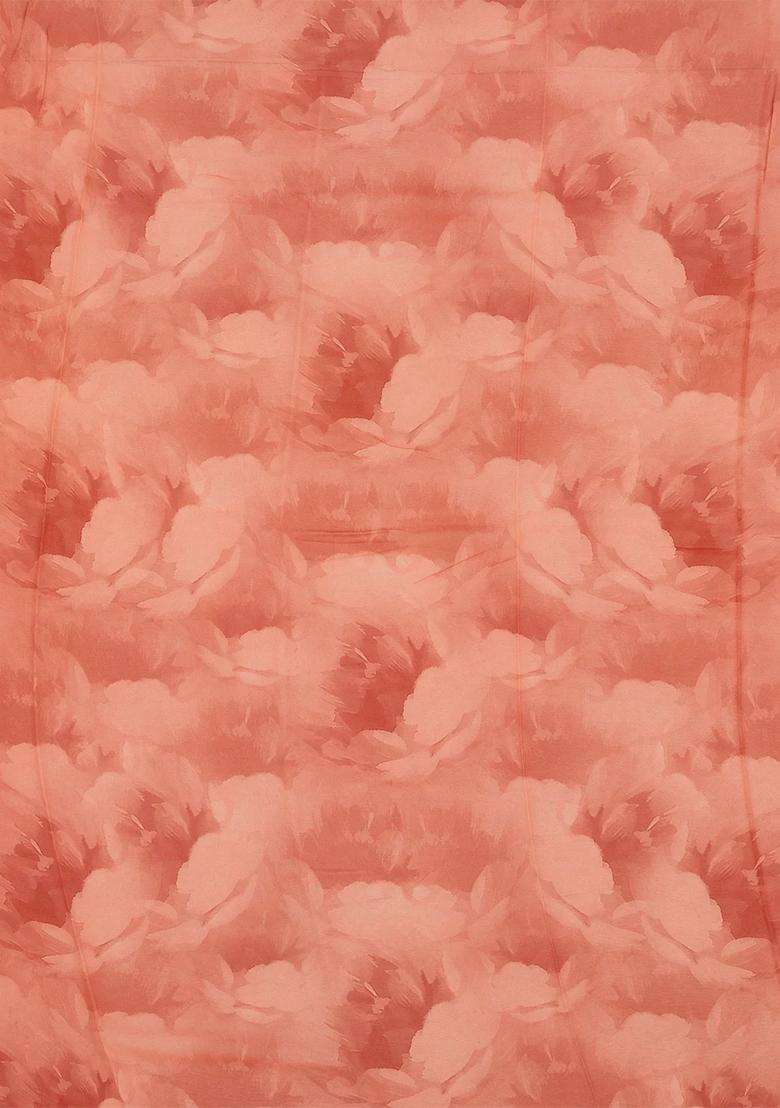 Peach Woven Georgette Silk Saree With Printed Floral Motifs For Women - Indya