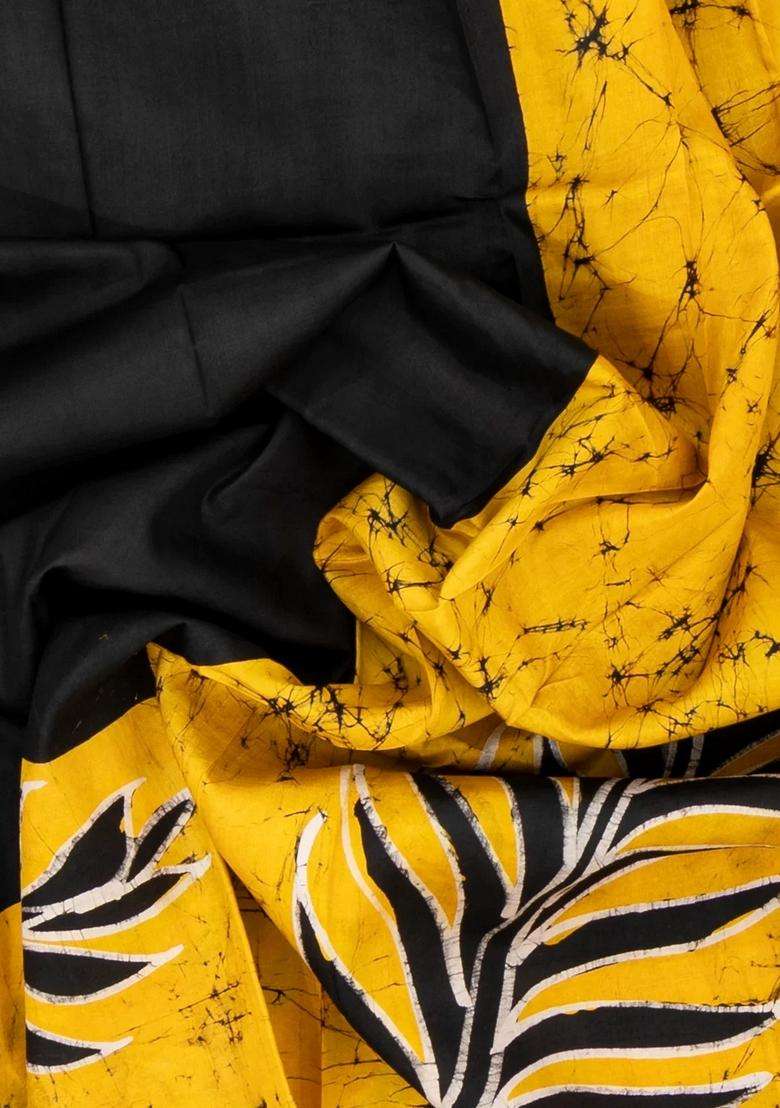 Black Woven Silk Saree With Printed Floral Motifs For Women - Indya