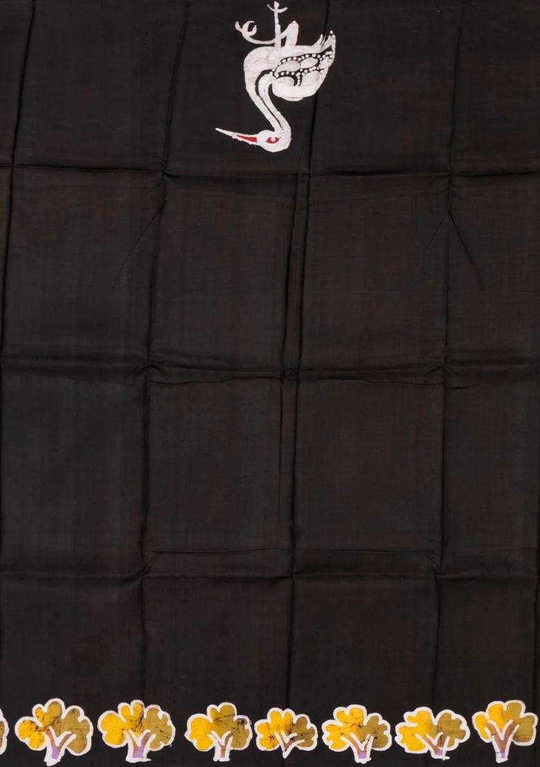 White Woven Silk Saree With Printed Bird Motifs For Women - Indya