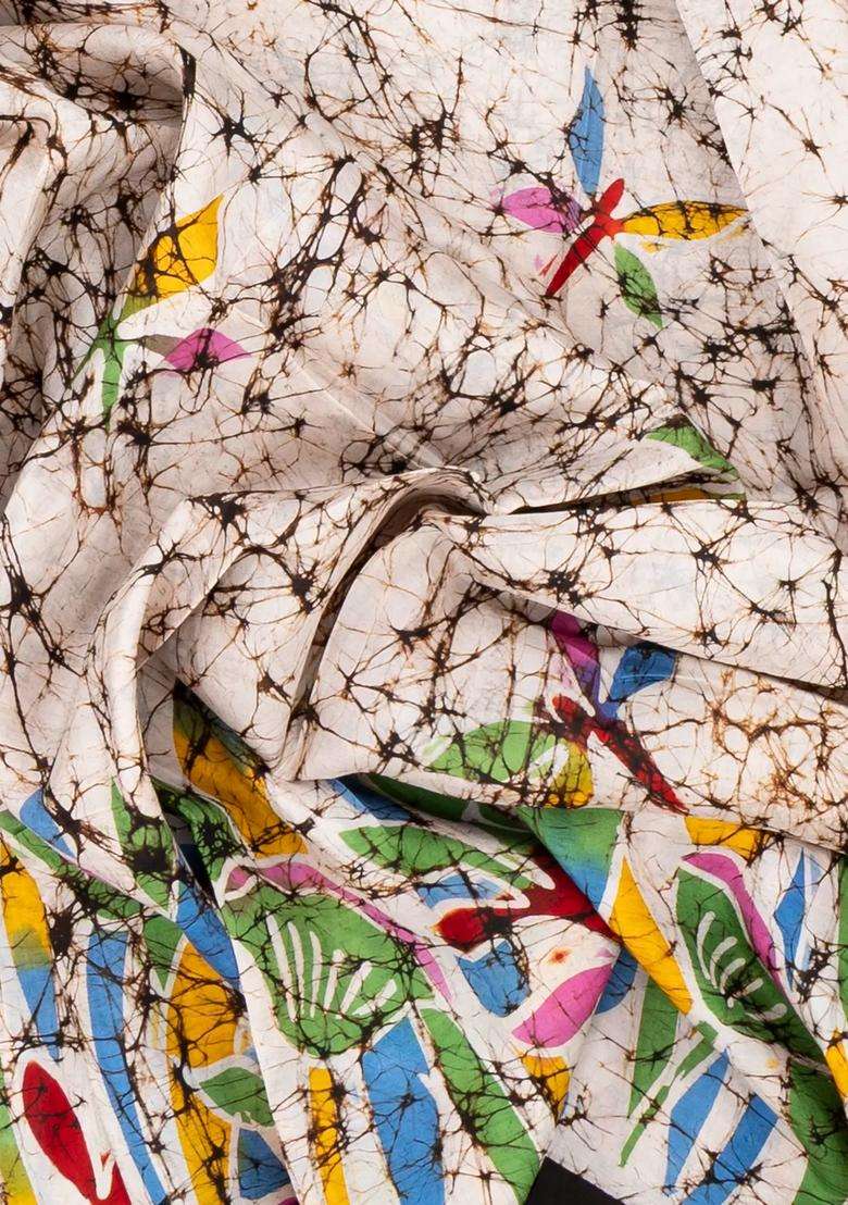 White Woven Silk Saree With Printed Bird Motifs For Women - Indya