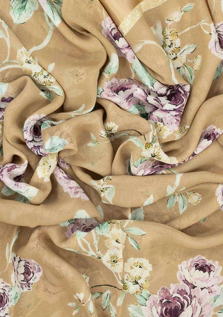 Beige Woven Georgette Silk Saree With Printed Floral Motifs For Women - Indya