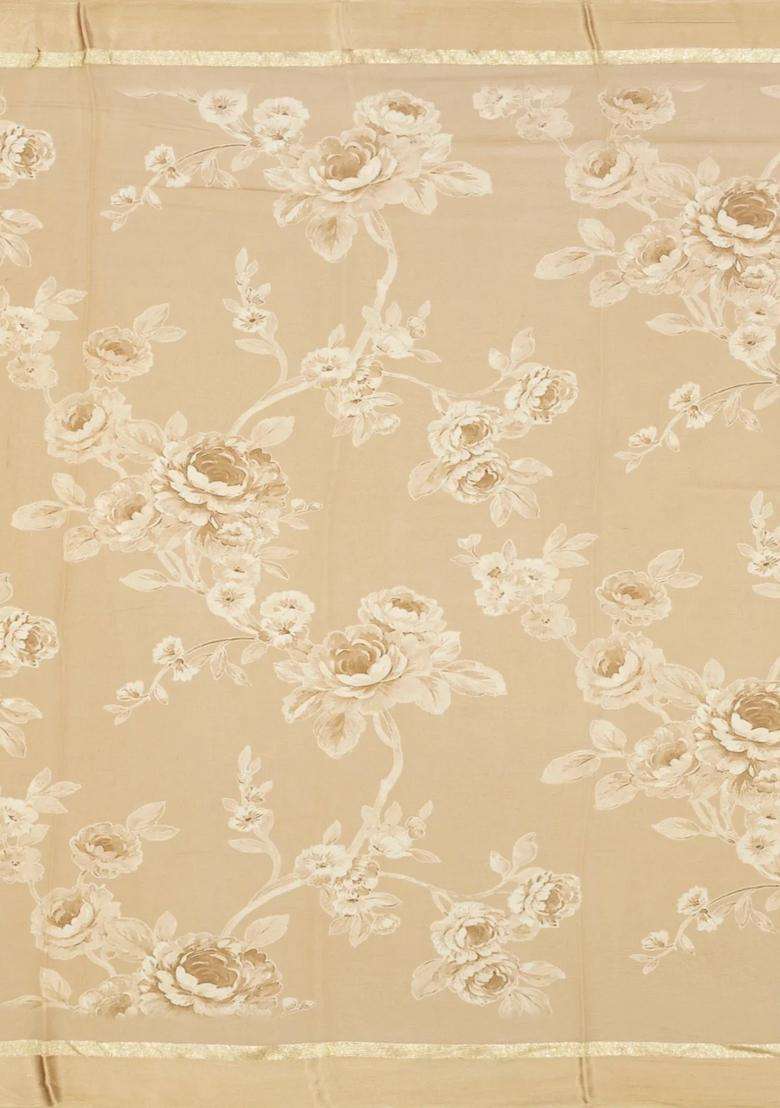 Beige Woven Georgette Silk Saree With Printed Floral Motifs For Women - Indya