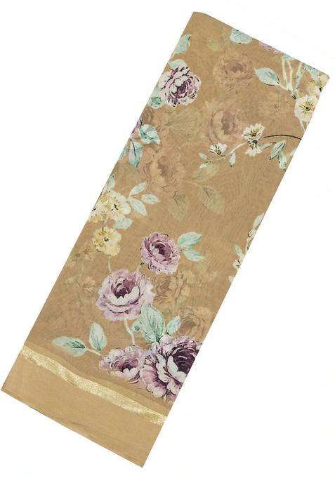 Beige Woven Georgette Silk Saree With Printed Floral Motifs For Women