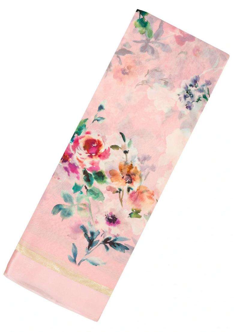 Baby Pink Woven Georgette Silk Saree With Printed Floral Motifs For Women - Indya