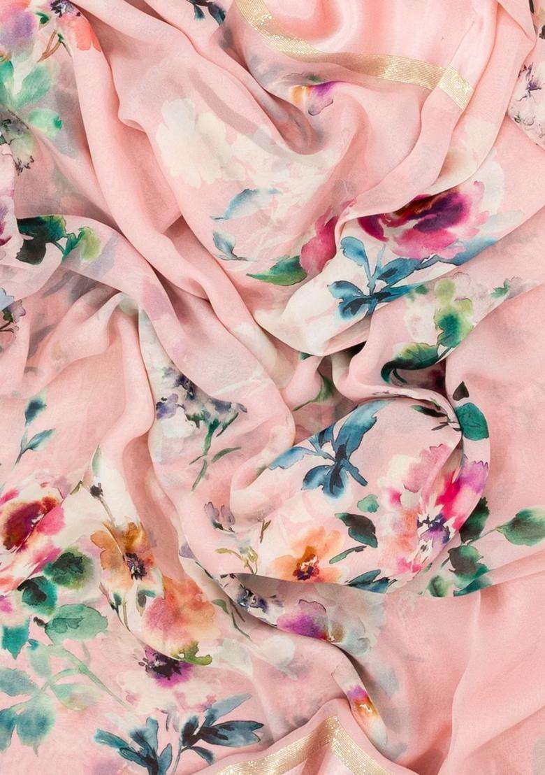 Baby Pink Woven Georgette Silk Saree With Printed Floral Motifs For Women - Indya