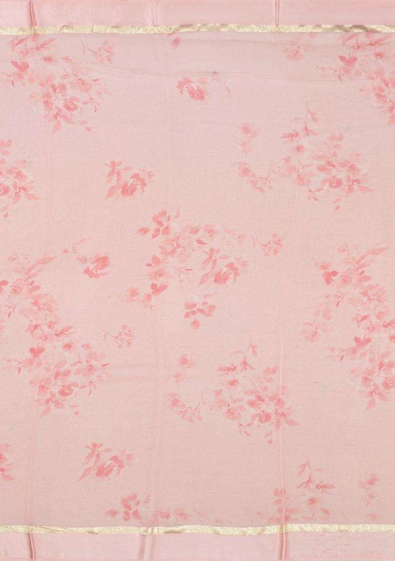 Baby Pink Woven Georgette Silk Saree With Printed Floral Motifs For Women - Indya