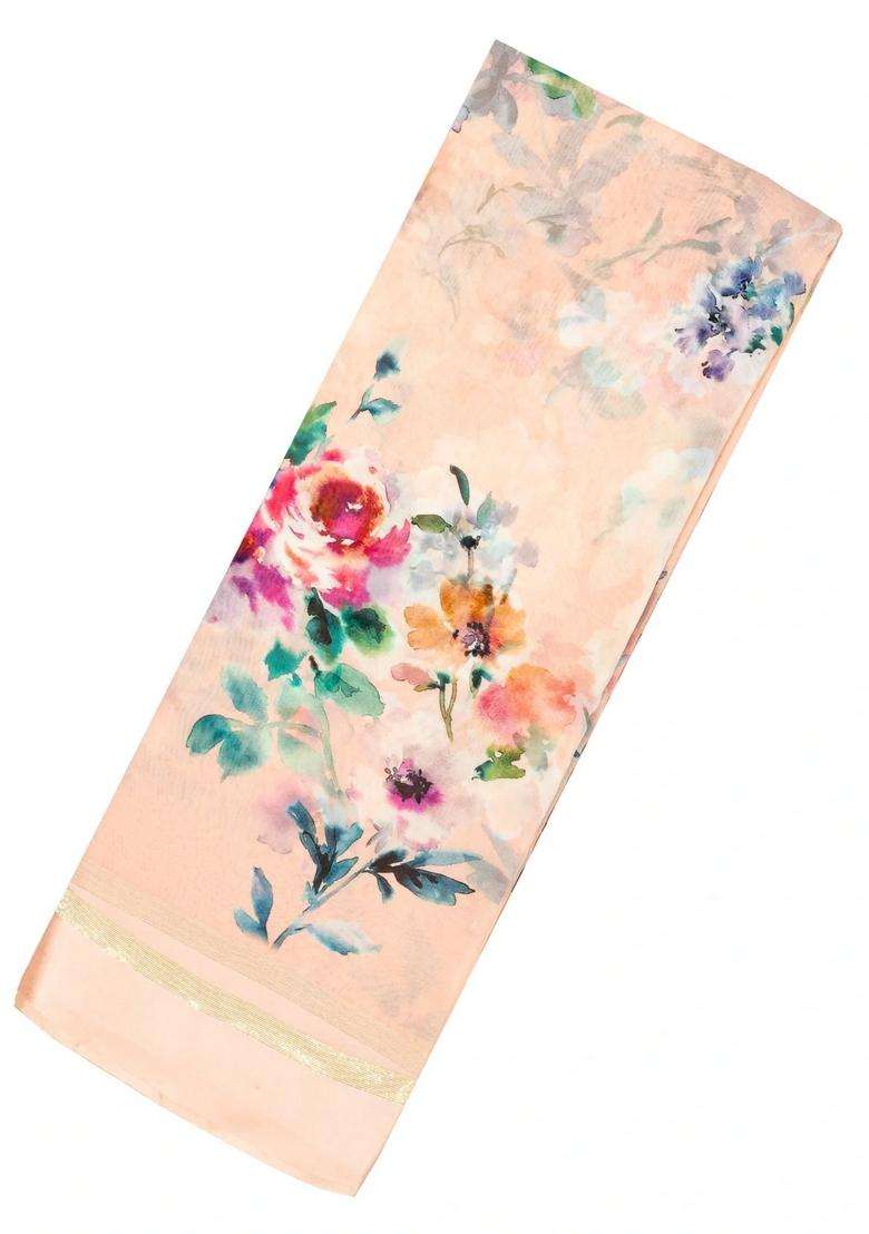 Light Peach Woven Georgette Silk Saree With Printed Floral Motifs For Women - Indya