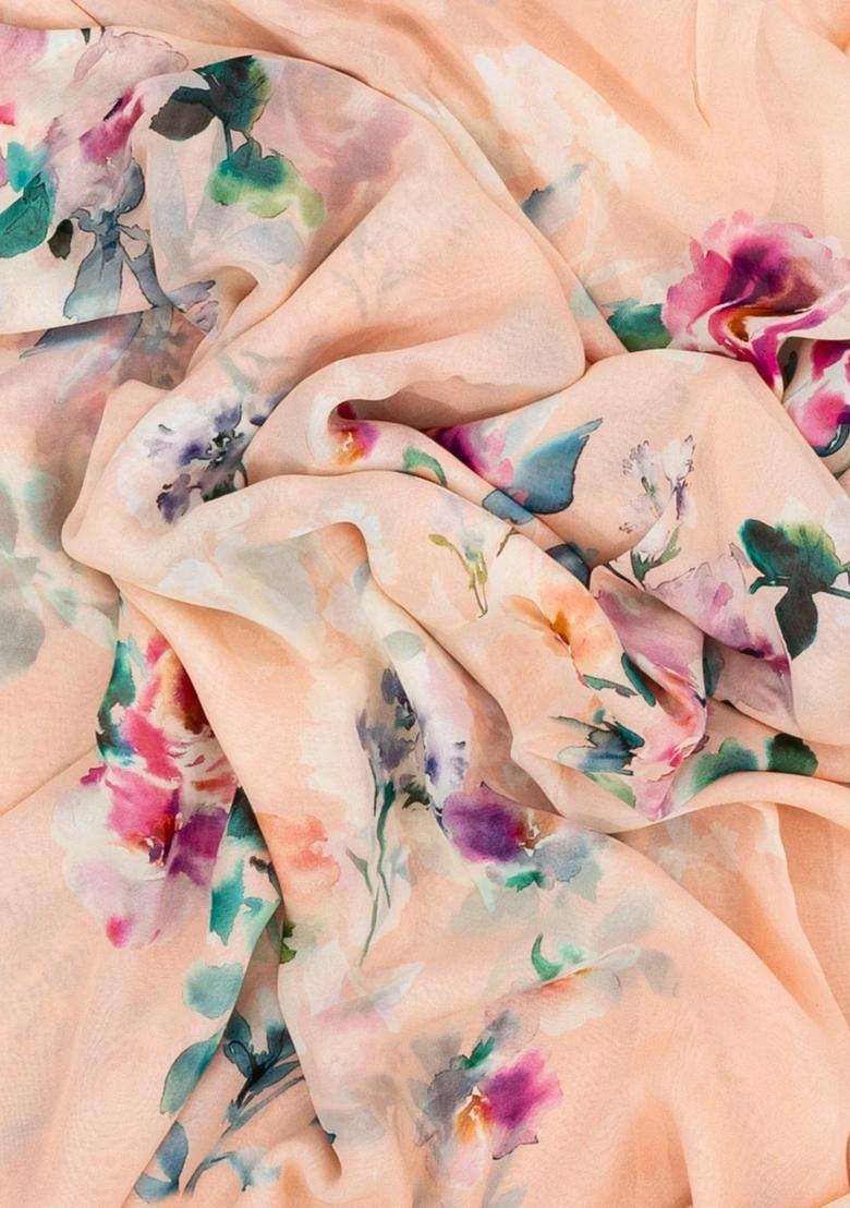 Light Peach Woven Georgette Silk Saree With Printed Floral Motifs For Women - Indya