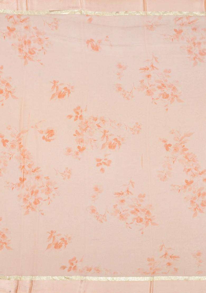 Light Peach Woven Georgette Silk Saree With Printed Floral Motifs For Women - Indya