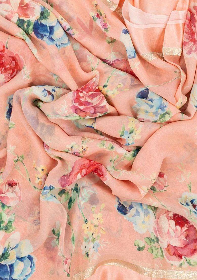 Light Peach Woven Georgette Silk Saree With Printed Floral Motifs For Women - Indya
